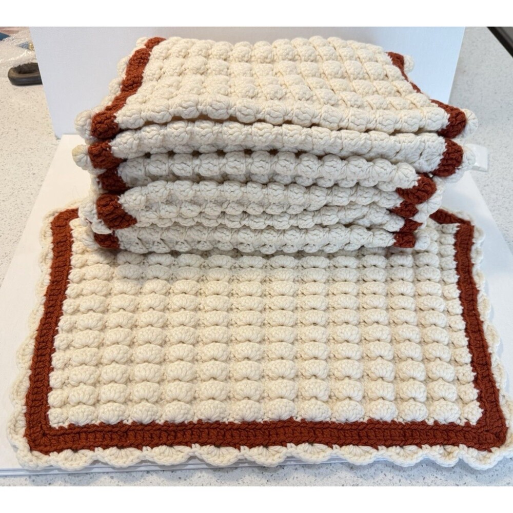 Vintage Crochet Placemats Granny Yarn Set Of 7 1970’s 11x 18" Cottage-core MCM